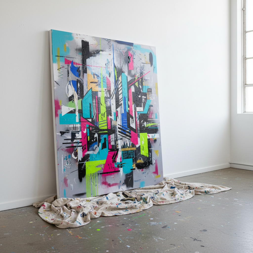 A meticulously arranged studio shot of a large canvas leaning against a clean white gallery wall, covered in bold, experimental mixed-media artwork that hints at 1980s new wave album aesthetics through geometric shapes, muted neons, and textured paint layers. The canvas rests on a slightly scuffed concrete floor with paint-splattered drop cloths nearby, suggesting active experimentation. Soft, diffused daylight from an unseen high window washes across the surface, revealing subtle gloss and matte contrasts in the materials. The mood is sophisticated and introspective, inviting close inspection. Photographed at eye level with a slightly off-center composition and shallow depth of field, the artwork is in sharp focus while the minimalist background gently blurs, emphasizing this as a portfolio-defining hero piece.