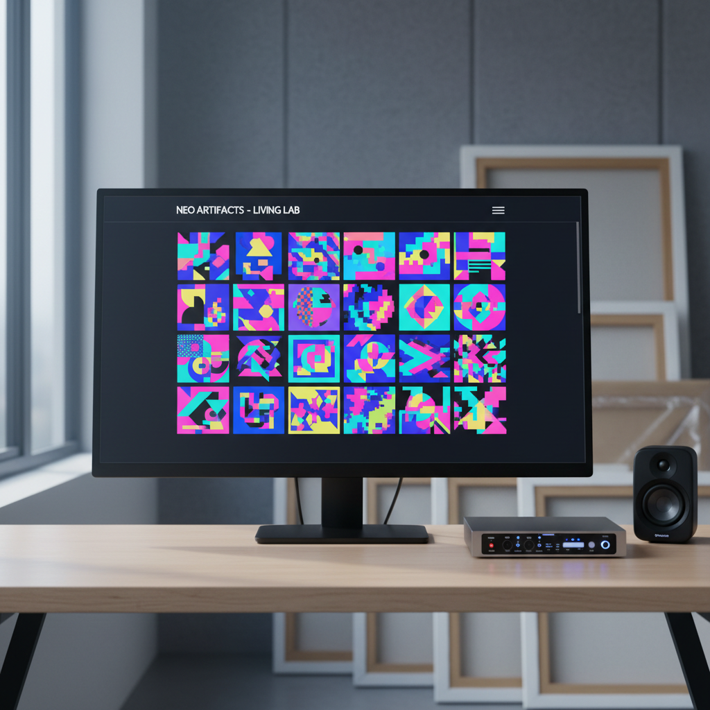An ultra-clean, modern desktop layout designed to visualize the art portfolio website itself: a large, frameless monitor on a pale wood desk displays a sophisticated grid of artwork thumbnails, each a different experimental piece, subtly influenced by 80s art-pop aesthetics in color and composition. Beside the monitor, a high-quality audio interface and a compact studio monitor speaker imply embedded sound and video capabilities. Soft, cool daylight from a nearby window illuminates the scene, producing faint reflections on the screen and minimal shadows. The background is tastefully blurred, with hints of acoustic panels and stacked canvases. Shot straight-on at eye level with photographic realism and balanced composition, the mood is polished, focused, and quietly futuristic, underscoring the site as a living laboratory for the artist’s evolving portfolio.