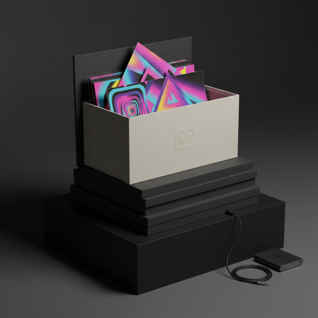 A carefully lit still life of a stack of large-format art portfolio boxes on a low, matte black plinth, each box wrapped in textured, off-black paper with a subtle, debossed abstract symbol that hints at the artist’s identity without forming readable text. One box lies open, revealing a spill of richly colored prints that echo 80s new wave visual language through geometric rhythm and atmospheric gradients. A coil of audio cable and a slim external drive rest beside the plinth, suggesting a deep archive of visual and sonic experiments. Gentle, diffused side lighting from the left creates refined highlights on the paper textures and soft shadows on the seamless dark backdrop. Photographed with a slightly elevated angle and crisp focus, the mood is archival, sophisticated, and quietly dramatic.