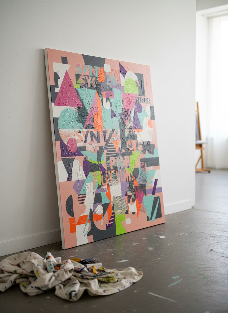 A meticulously arranged studio shot of a large canvas leaning against a clean white gallery wall, covered in bold, experimental mixed-media artwork that hints at 1980s new wave album aesthetics through geometric shapes, muted neons, and textured paint layers. The canvas rests on a slightly scuffed concrete floor with paint-splattered drop cloths nearby, suggesting active experimentation. Soft, diffused daylight from an unseen high window washes across the surface, revealing subtle gloss and matte contrasts in the materials. The mood is sophisticated and introspective, inviting close inspection. Photographed at eye level with a slightly off-center composition and shallow depth of field, the artwork is in sharp focus while the minimalist background gently blurs, emphasizing this as a portfolio-defining hero piece.